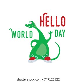 World Hello day greetings card with green cartoon dinosaur. Vector illustration