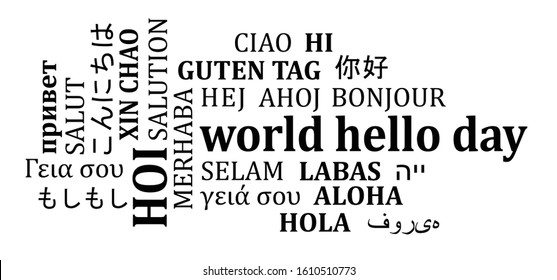 World hello day, November 21. Funny vector banner. Speech bubbles. Different languages of world hello. Speaking, chat, speak or talking sign. Social Media network icons. Digital sticker or label.