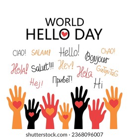 World Hello Day. Short phrases in different languages, greetings. November 21. Hands, greeting. Funny vector banner, calligraphic inscriptions, words. Talk, communicate, social media icons. 