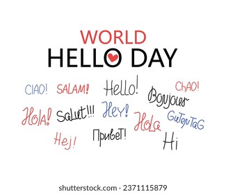 World hello day. Short phrases in different languages, greetings. November 21. Words of greeting. Funny vector banner, calligraphy lettering. Talk, communicate, social network icons. Vector banner.