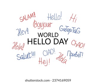 World hello day. Short phrases in different languages, greetings. November 21. Words of greeting. Funny vector banner, calligraphy lettering. Talk, communicate, social network icons. Vector banner.