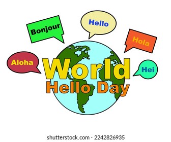 World Hello Day. Speech bubbles with greetings in different languages and Earth on white background. Illustration