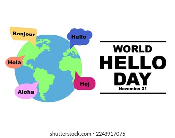 World Hello Day. Speech bubbles with greetings in different languages and Earth on white background. Illustration