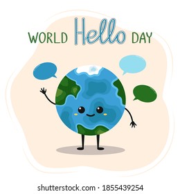 World Hello Day vector banner. Planet Earth with cute face and shaking hand in the cartoon style.