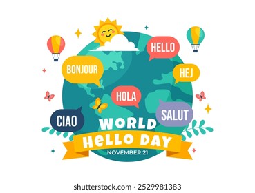 World Hello Day Vector Illustration am 21. November mit Sprechblasen, die Grüße in mehreren Sprachen aus der ganzen Welt im Hintergrund darstellen