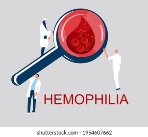 World Hemophilia Day Concept. Coagulation And Blood Clotting Problem. Magnifier With Cancer Cells.Tiny Doctors Make Laboratory Tests.Leukosis Or Anemia Illustration.