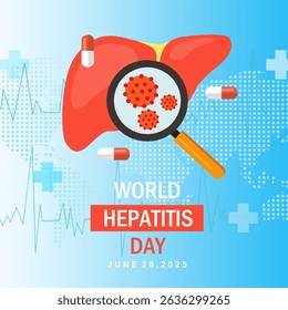 World hepatitis day 2025 square banner design with Liver virus, drugs, and global map background. Best for WHD 2025 banner, background, greeting, awareness campaign, poster, media flyer etc. 