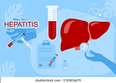 World hepatitis day 28th July hand drawn vector illustration.Concept of hepatitis A,B,C,D, cirrhosis.Liver care,vaccination.Stop hepatitis template for web design or poster.Medical icons,patient card