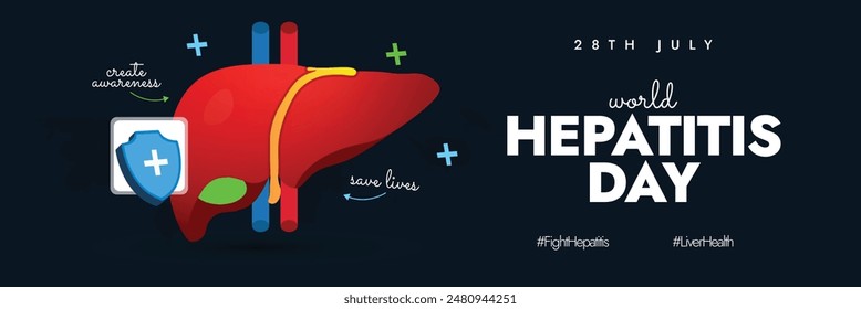 World Hepatitis day. 28th July World Hepatitis day awareness cover banner, post with liver, arrows with text create awareness, save liver. The theme for 2024 is Hepatitis Can't Wait, get tested