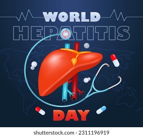 World Hepatitis Day. 3d vector illustration of heart, virus and stethoscope with earth background. Creative design for social media, banners and posters