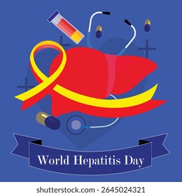 Conceito de conscientização do Dia Mundial da Hepatite com uma fita azul, símbolos médicos e tema de saúde global.