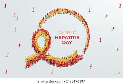 world hepatitis day awareness month concept poster. 28th July. Large group of people form to create a red and yellow ribbon. Vector illustration.