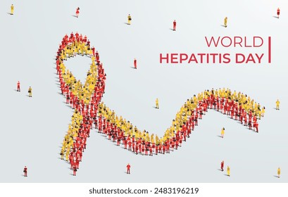 world hepatitis day awareness month concept poster. 28th July. Large group of people form to create a red and yellow ribbon. Vector illustration.