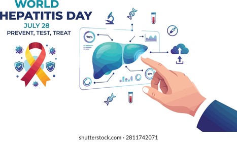 World Hepatitis Day awareness poster with liver medical screening ribbon healthcare prevention treatment campaign illustration for global public education