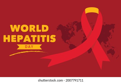 world hepatitis day background with awareness ribbon and world map isolated on abstract background.  vector illustration for hepatitis awareness day. 18 July.Concept of hepatitis A, B, C, D, cirrhosis