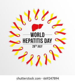 World Hepatitis Day background banner design with red and yellow ribbon and liver organ illustration. Creative concept can be used for awareness campaigns, posters and print. 