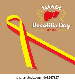 World Hepatitis Day background banner design with red and yellow ribbon and liver organ illustration. Creative concept can be used for awareness campaigns, posters and print. 
