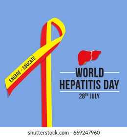 World Hepatitis Day background banner design with red and yellow ribbon and liver organ illustration. Creative concept can be used for awareness campaigns, posters and print. 