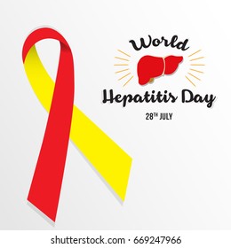 World Hepatitis Day background banner design with red and yellow ribbon and liver organ illustration. Creative concept can be used for awareness campaigns, posters and print. 
