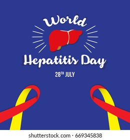 World Hepatitis Day background banner design with red and yellow ribbon and liver organ illustration. Creative concept can be used for awareness campaigns, posters and print.
