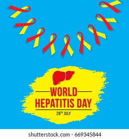 World Hepatitis Day background banner design with red and yellow ribbon and liver organ illustration. Creative concept can be used for awareness campaigns, posters and print.