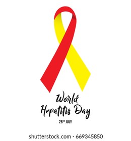 World Hepatitis Day background banner design with red and yellow ribbon and liver organ illustration. Creative concept can be used for awareness campaigns, posters and print.