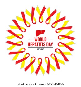 World Hepatitis Day background banner design with red and yellow ribbon and liver organ illustration. Creative concept can be used for awareness campaigns, posters and print.