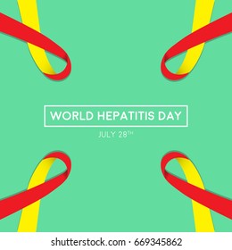 World Hepatitis Day background banner design with red and yellow ribbon and liver organ illustration. Creative concept can be used for awareness campaigns, posters and print.