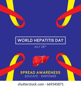 World Hepatitis Day background banner design with red and yellow ribbon and liver organ illustration. Creative concept can be used for awareness campaigns, posters and print.