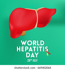 World Hepatitis Day background banner design with red and yellow ribbon and liver organ illustration. Creative concept can be used for awareness campaigns, posters and print.
