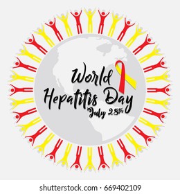 World Hepatitis Day background banner design with red and yellow ribbon and liver organ illustration. Creative concept can be used for awareness campaigns, posters and print.