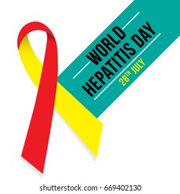 World Hepatitis Day background banner design with red and yellow ribbon and liver organ illustration. Creative concept can be used for awareness campaigns, posters and print.