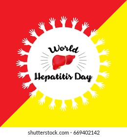 World Hepatitis Day background banner design with red and yellow ribbon and liver organ illustration. Creative concept can be used for awareness campaigns, posters and print.