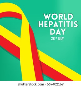 World Hepatitis Day background banner design with red and yellow ribbon and liver organ illustration. Creative concept can be used for awareness campaigns, posters and print.