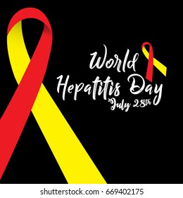 World Hepatitis Day background banner design with red and yellow ribbon and liver organ illustration. Creative concept can be used for awareness campaigns, posters and print.