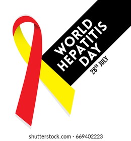 World Hepatitis Day background banner design with red and yellow ribbon and liver organ illustration. Creative concept can be used for awareness campaigns, posters and print.