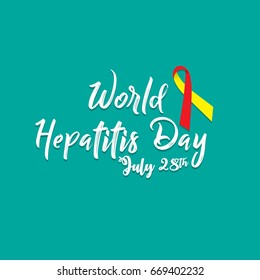 World Hepatitis Day background banner design with red and yellow ribbon and liver organ illustration. Creative concept can be used for awareness campaigns, posters and print.