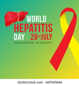 World Hepatitis Day background banner design with red and yellow ribbon and liver organ illustration. Creative concept can be used for awareness campaigns, posters and print.
