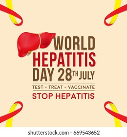 World Hepatitis Day background banner design with red and yellow ribbon and liver organ illustration. Creative concept can be used for awareness campaigns, posters and print.