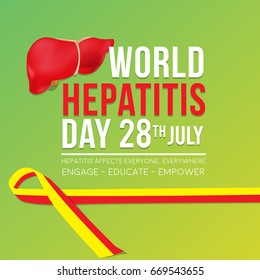 World Hepatitis Day background banner design with red and yellow ribbon and liver organ illustration. Creative concept can be used for awareness campaigns, posters and print.