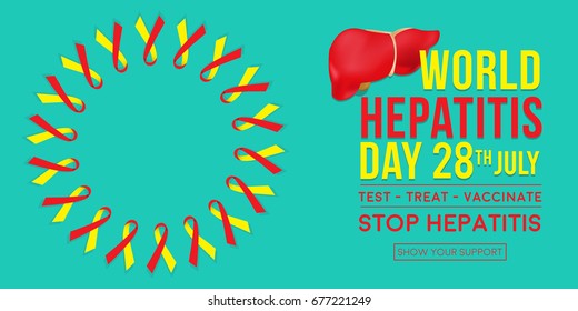 World Hepatitis Day background banner design with red and yellow ribbon and liver organ illustration. Creative concept can be used for awareness campaigns, posters and print.