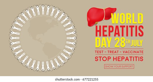 World Hepatitis Day background banner design with red and yellow ribbon and liver organ illustration. Creative concept can be used for awareness campaigns, posters and print.