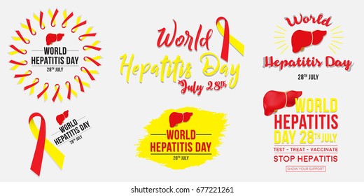 World Hepatitis Day background banner design with red and yellow ribbon and liver organ illustration. typography and text style elements and objects for badges and designs. 