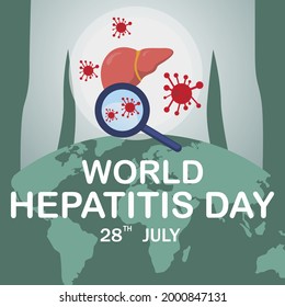
world hepatitis day background template, magnifying glass and virus, used for card vector design, with minimalist and modern concept, cover, background, heart, lungs, world map.