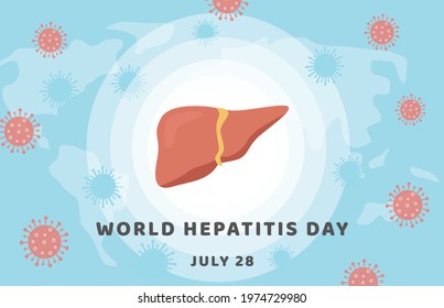 World Hepatitis Day. Banner with world map and healthy human liver attacked by virus. Medical poster for Viral Hepatitis. Vector illustration in flat cartoon style. 
