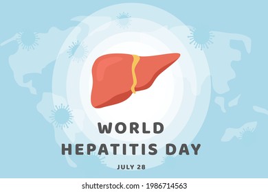 Día Mundial de la Hepatitis. Cartel con mapa mundial e hígado humano atacado por virus. Afiche médico de la Hepatitis Viral. Ilustración vectorial en estilo de dibujos animados planos