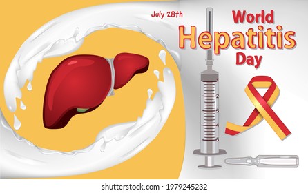 World Hepatitis Day concept .Vector illustration with vaccine streams, human liver, syringe, ampoules and text.All elements are  isolated on yellow background.Design for banner or poster.