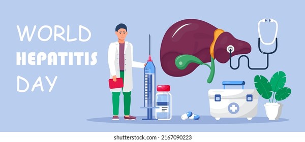 Vector de concepto del día mundial de la hepatitis. Tratamiento de la hepatitis A, B, C, D, cirrosis. Pequeños doctores tratan el hígado. Se presenta la ilustración médica para el desarrollo de sitios web y sitios web móviles.