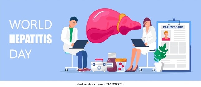 World hepatitis day concept vector. Hepatitis A, B, C, D, cirrhosis treatment. Tiny doctors treat the liver. Medical illustration for website and mobile website development, apps is presented.