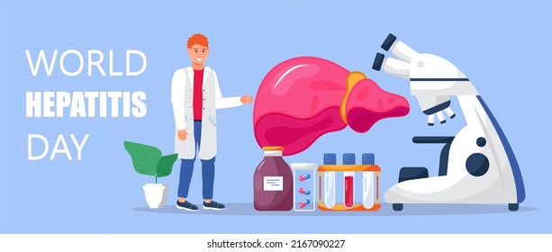 World hepatitis day concept vector. Hepatitis A, B, C, D, cirrhosis treatment. Tiny doctors treat the liver. Medical illustration for website and mobile website development, apps is presented.